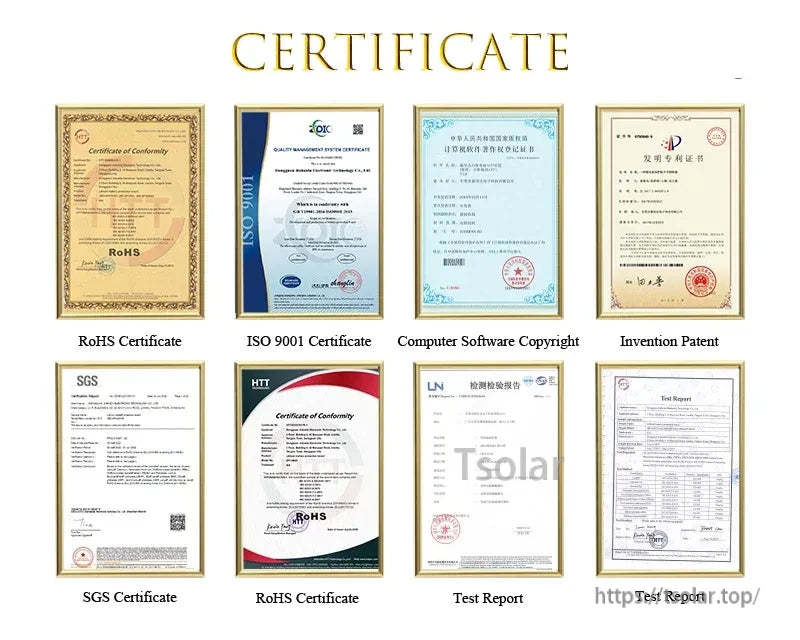 Collage of company certificates including RoHS, ISO 9001, SGS, computer software copyright, patent and test report