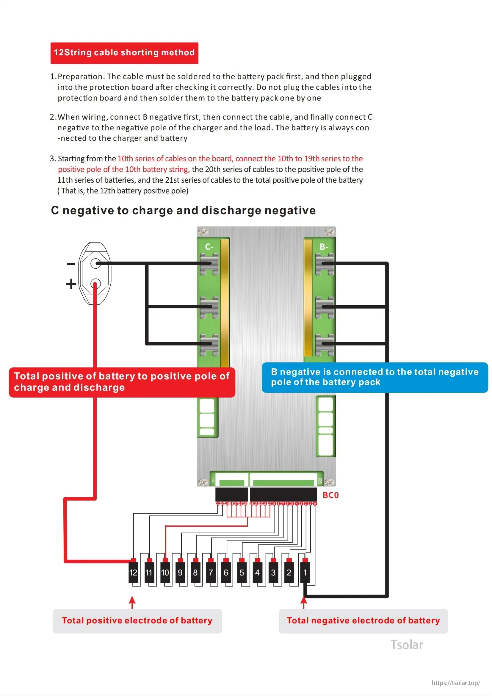 12S battery pack wiring diagram for JBD smart BMS showing balance wire positions and charge/discharge negative routing