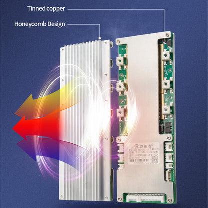 Smart BMS with finned heatsink, labeled tinned copper honeycomb design with airflow graphic