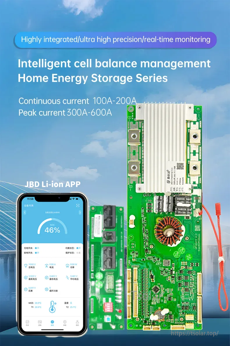 JBD Smart BMS home energy storage series with real-time monitoring, 100–200A continuous and 300–600A peak graphic
