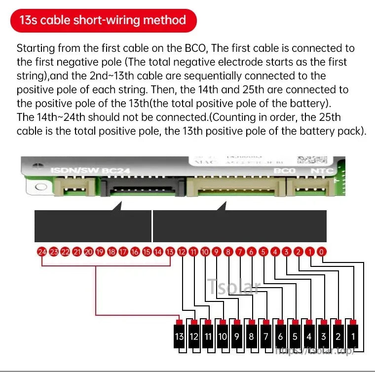 13S cable short-wiring method diagram illustrating balance lead order and pack connection points