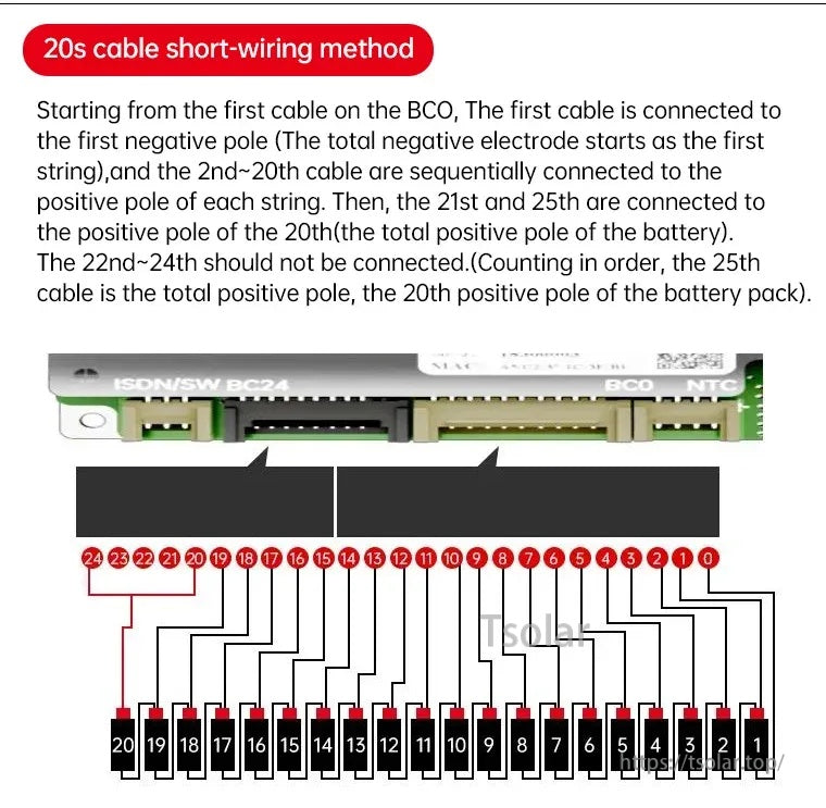 Wiring diagram for JBD DB24SA03 Smart BMS showing 20S balance lead order and connector pin numbering