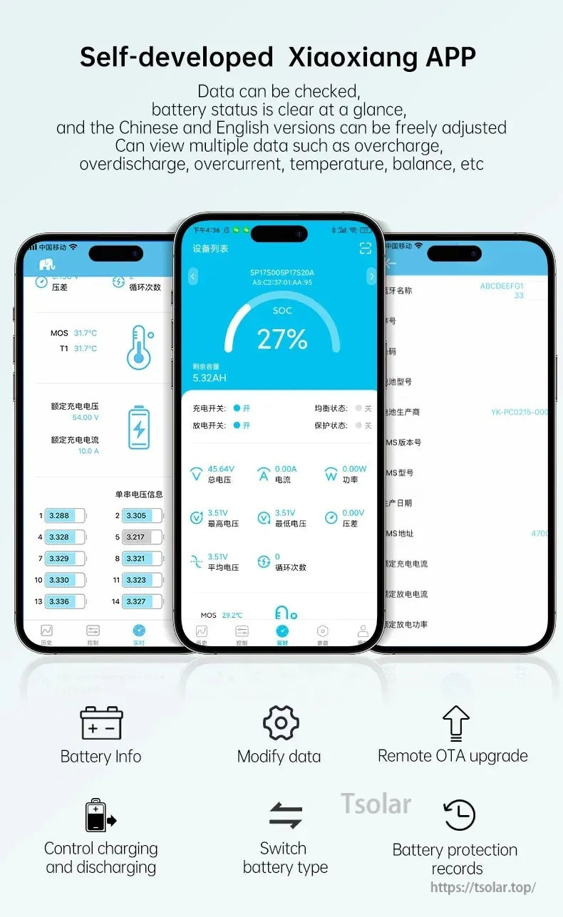 Xiaoxiang app screens for battery info, modify data, OTA upgrade, and charge/discharge control