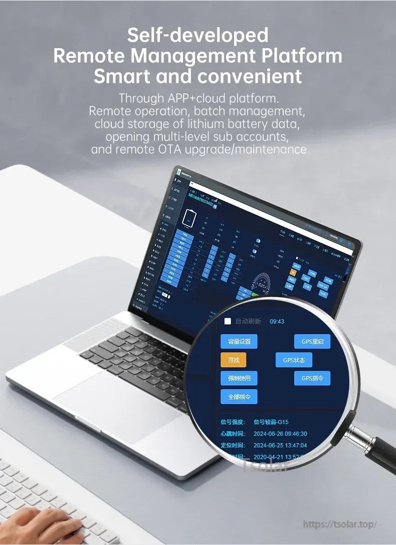 Remote management platform screen on laptop with cloud and batch management callouts