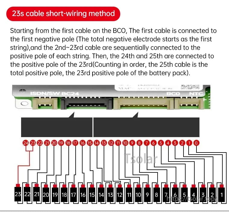 JBD DB24SA03 smart BMS 23S balance lead short-wiring diagram with BCO connector and cell tap sequence