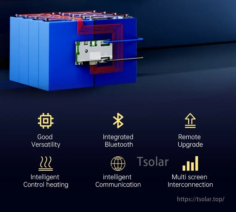 Battery pack illustration with Bluetooth icon and remote upgrade feature icons for smart communication