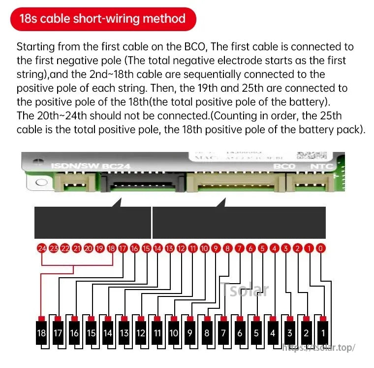 18S balance lead short-wiring diagram for JBD DB24SA03 smart BMS, showing BCO/NTC connector pin order