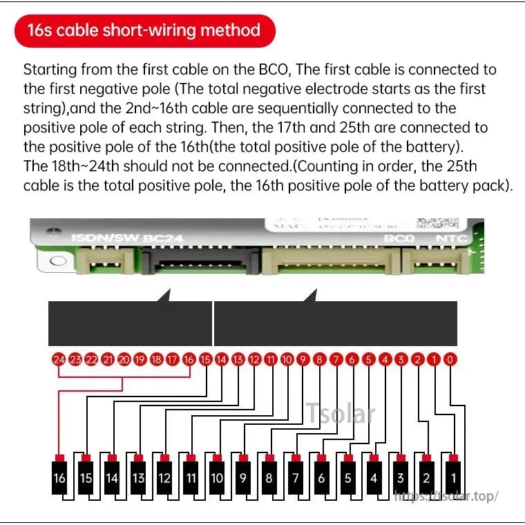 16S cable short-wiring method diagram with full set of balance lead connections for a 16-series pack