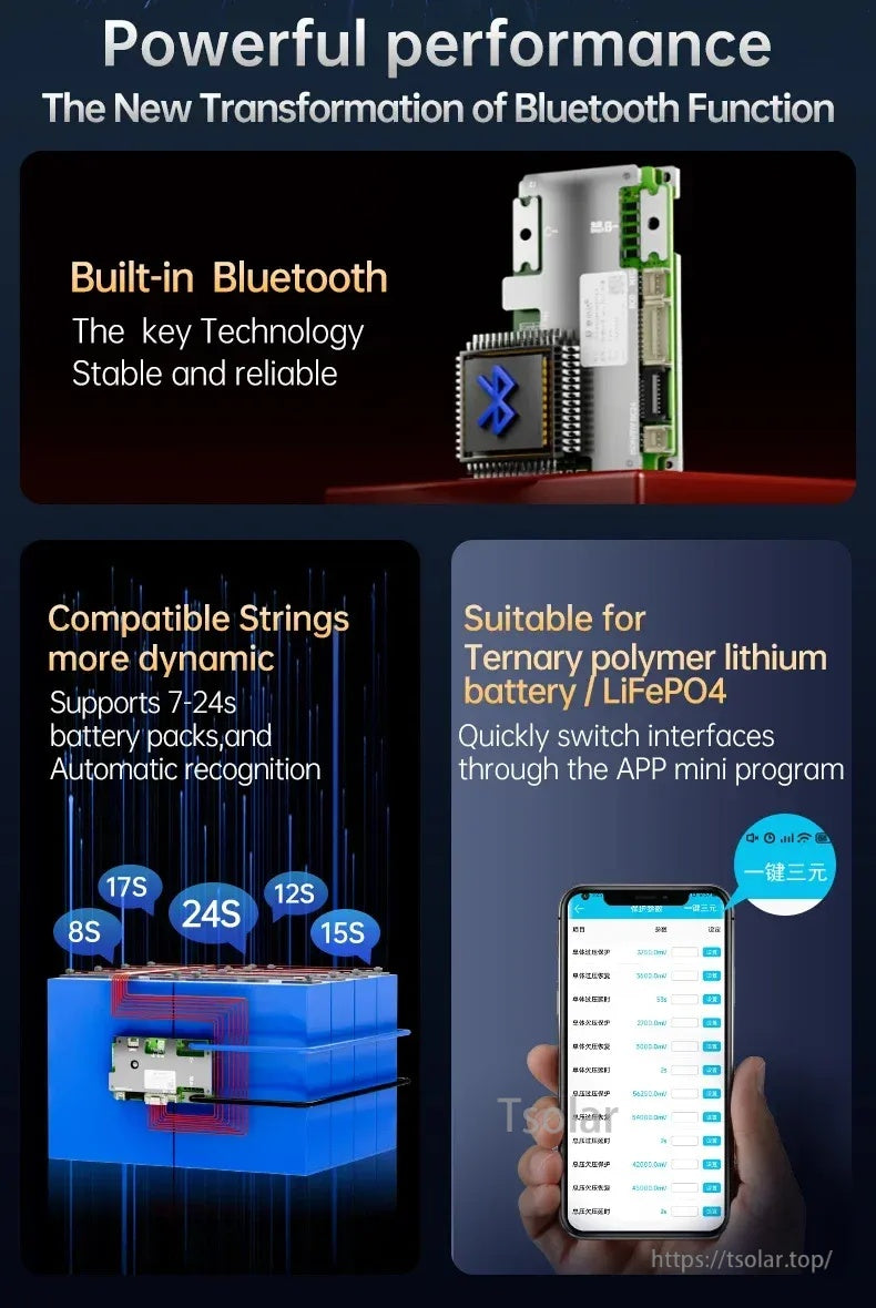 JBD DB24SA03 Smart BMS Bluetooth monitoring and app interface for switching battery type and settings