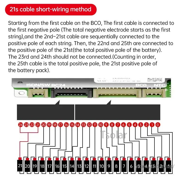 21S balance lead wiring diagram for JBD smart BMS, showing numbered harness pins and cell connections with two leads unused