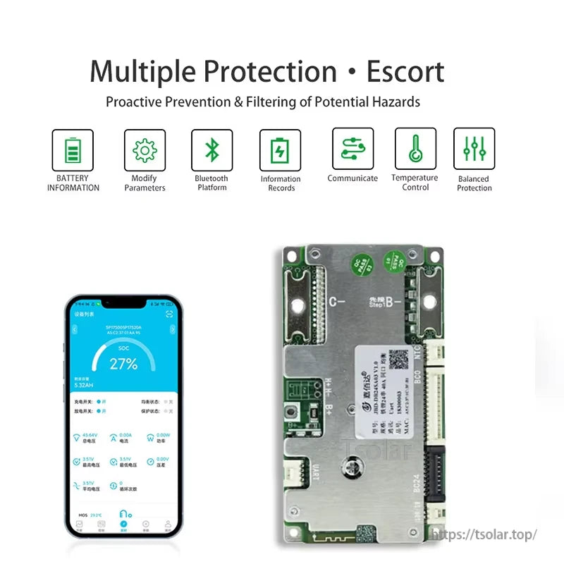 Bluetooth app screen with protection icons and BMS board, showing monitoring and parameter settings options