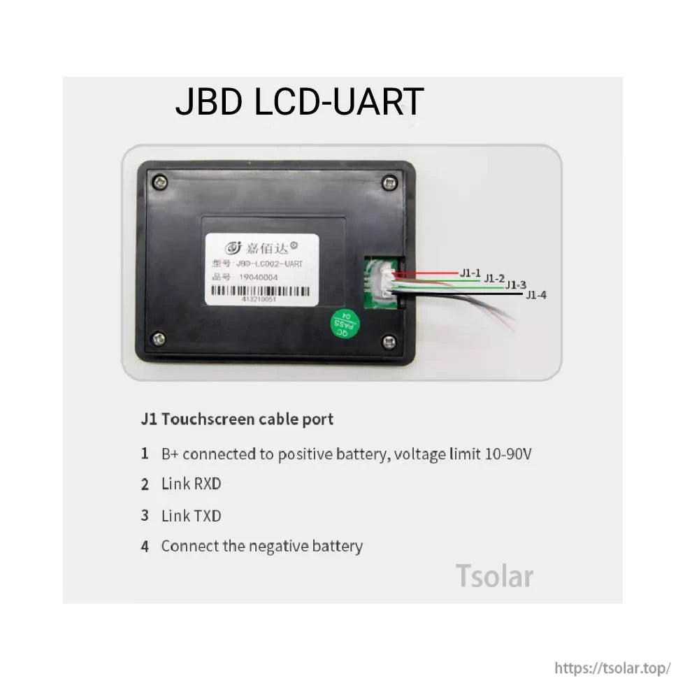 JBD LCD02-UART Smart BMS LCD Display back panel with J1 touchscreen cable port wiring diagram