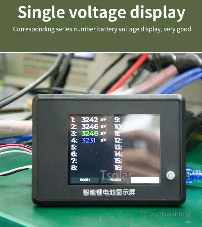 JBD LCD02-UART Smart BMS LCD display showing single-cell voltages by series number on screen