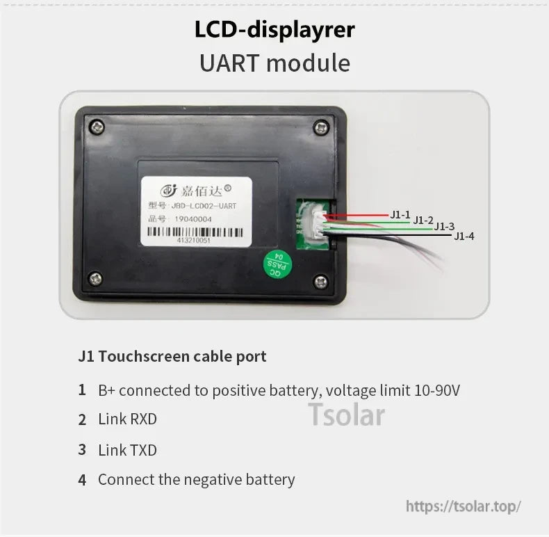 Back view of JBD LCD02-UART LCD UART module with J1 touchscreen cable port and B+/RXD/TXD/B- pinout