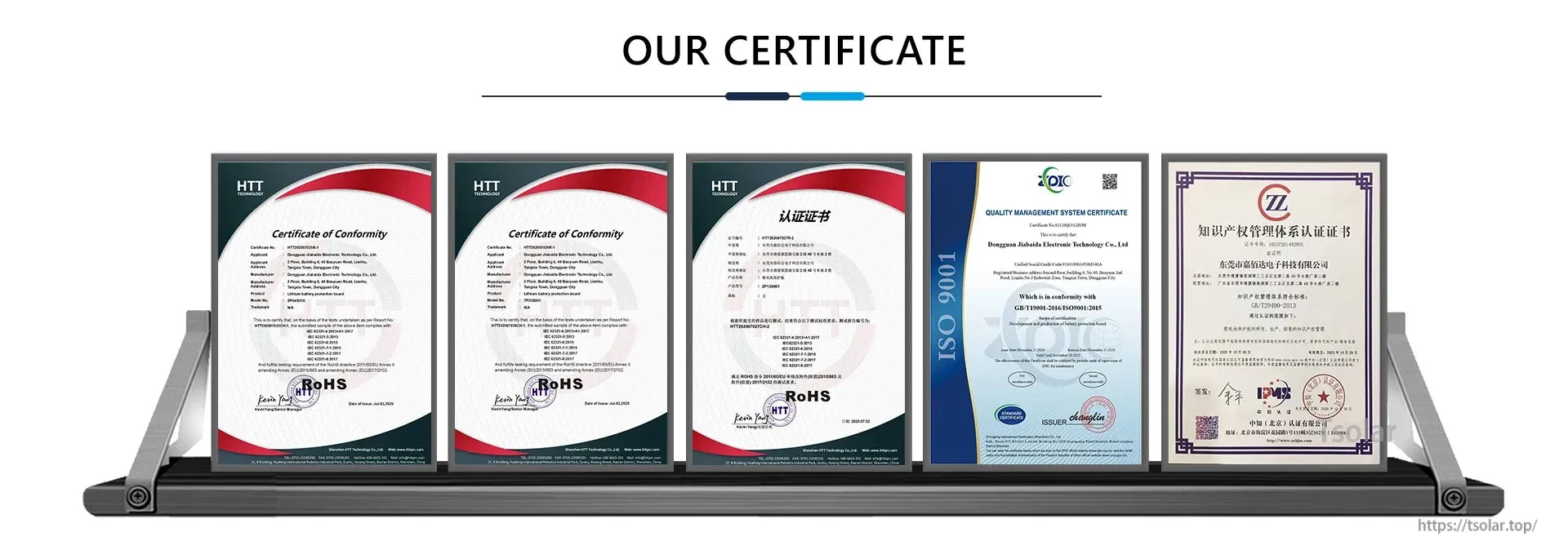 Collage of company compliance certificates and testing documents (details not readable)