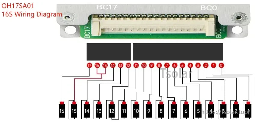 16S balance lead wiring diagram, BC17/BC0 connector pin mapping with numbered cell leads