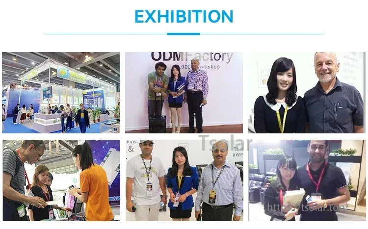 Collage of trade show exhibition scenes with booths, signage, and attendees posing for group photos
