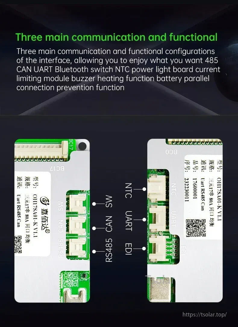 Port layout close-up showing RS485, CAN, UART, NTC and other functional connectors on the BMS board