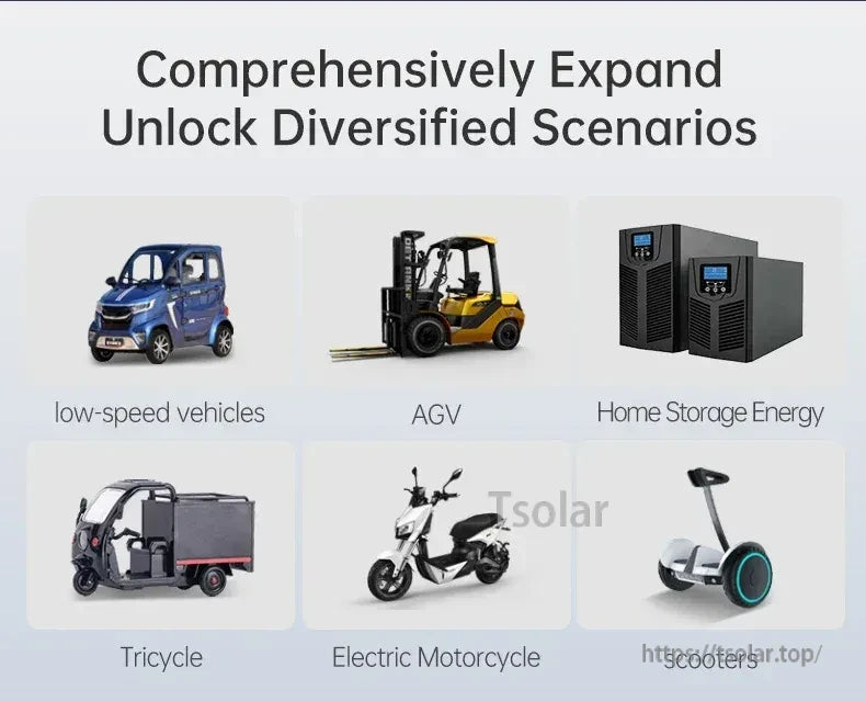 Application scenarios graphic for smart BMS use in low-speed vehicles, AGV, home storage, tricycles, and e-motorcycles