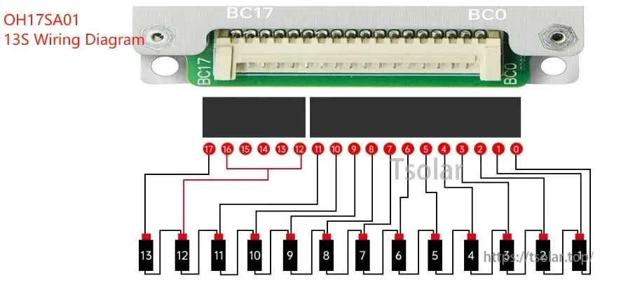 13S balance lead wiring diagram for BC17/BC0 connector, cell tap numbering for 13S packs