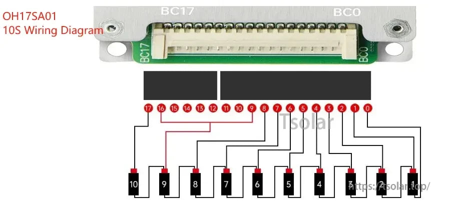 10S balance lead wiring diagram, BC17/BC0 connector with balance wire positions by cell number