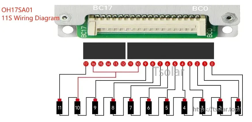 11S balance lead wiring diagram for BC17/BC0, balance harness order from cell 1 to cell 11