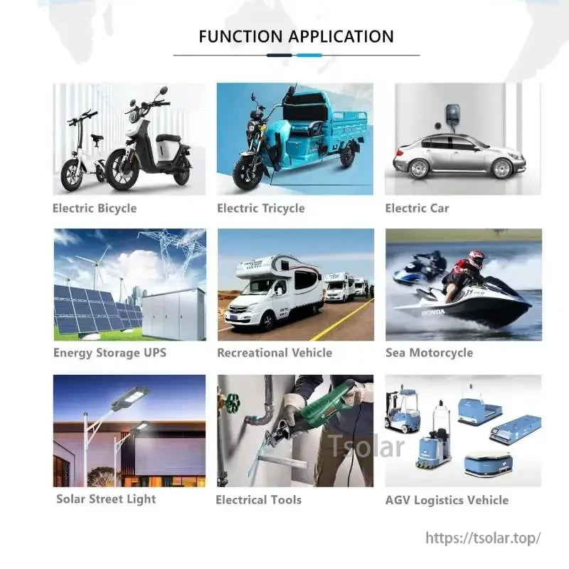 Function application graphic for a smart BMS, showing e-bike, tricycle, electric car, UPS storage, RV, and AGV uses