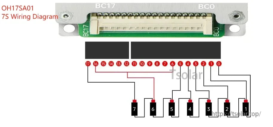 7S balance lead wiring diagram for OH17SA01, BC17/BC0 connector pinout with cell tap order
