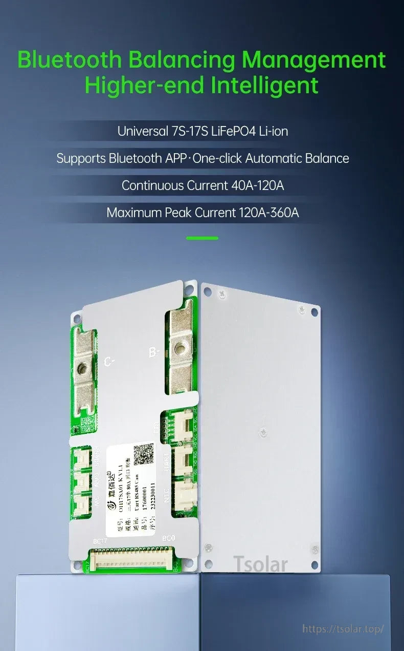 JBD OH17SA01 Smart BMS marketing graphic highlighting 7S–17S support, Bluetooth balancing, and current ranges