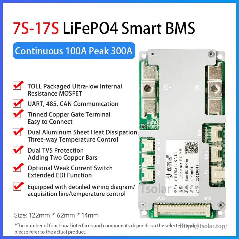7S-17S LiFePO4 Smart BMS feature graphic, continuous 100A peak 300A, with size 122×62×14mm