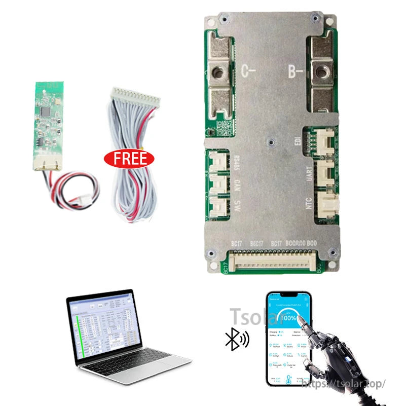 Smart BMS kit with main board plus free small module and balance lead harness, Bluetooth shown for phone and PC