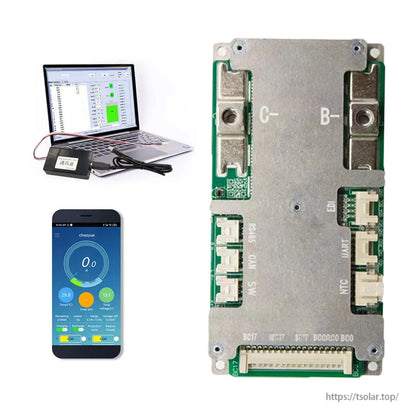 Smart BMS shown with laptop and phone monitoring screens, emphasizing PC and mobile connection options