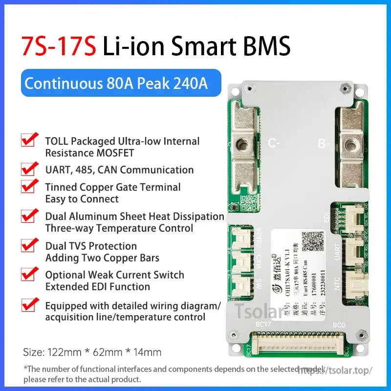 7S-17S Li-ion Smart BMS feature graphic, continuous 80A peak 240A, with size 122×62×14mm