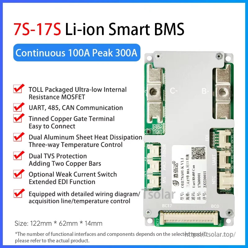 7S-17S Li-ion Smart BMS feature graphic, continuous 100A peak 300A, with size 122×62×14mm