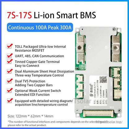 7S-17S Li-ion Smart BMS feature graphic, continuous 100A peak 300A, with size 122×62×14mm