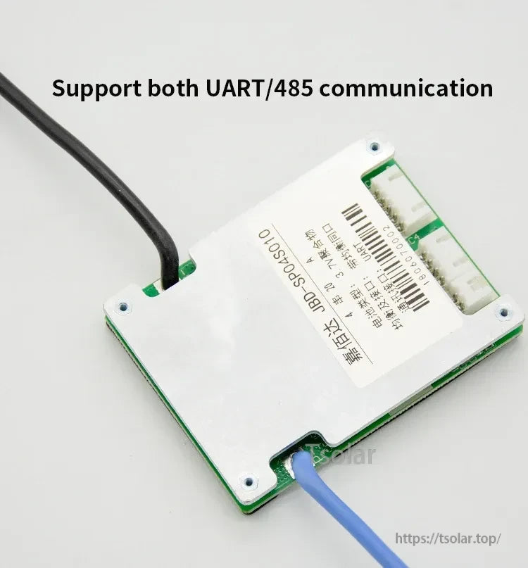 Close-up of JBD SP04S010A Smart BMS enclosure with UART/485 cable connection points