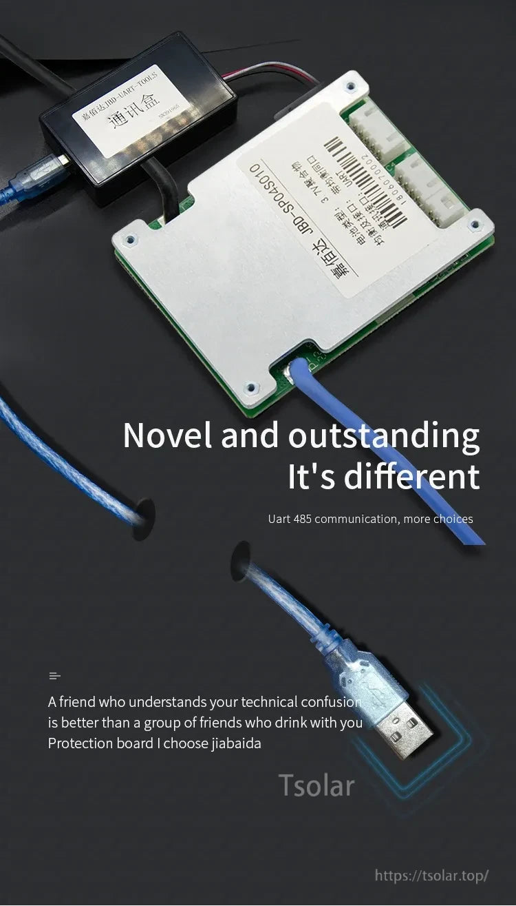 Smart BMS board with metal cover and connected communication leads for UART/485 monitoring setup