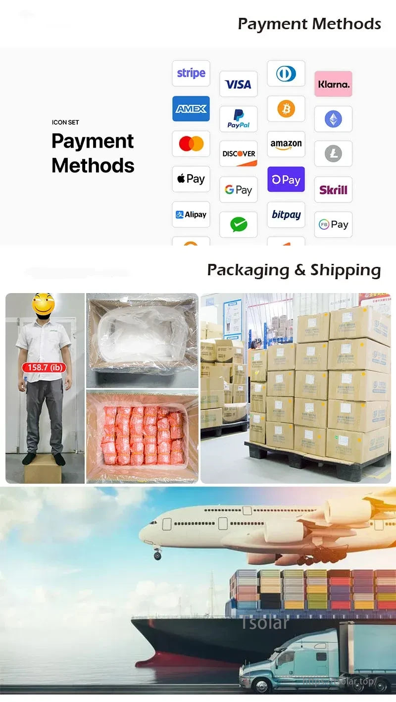 Payment method logos and packaging/shipping montage with cartons, pallet loads, air and sea transport