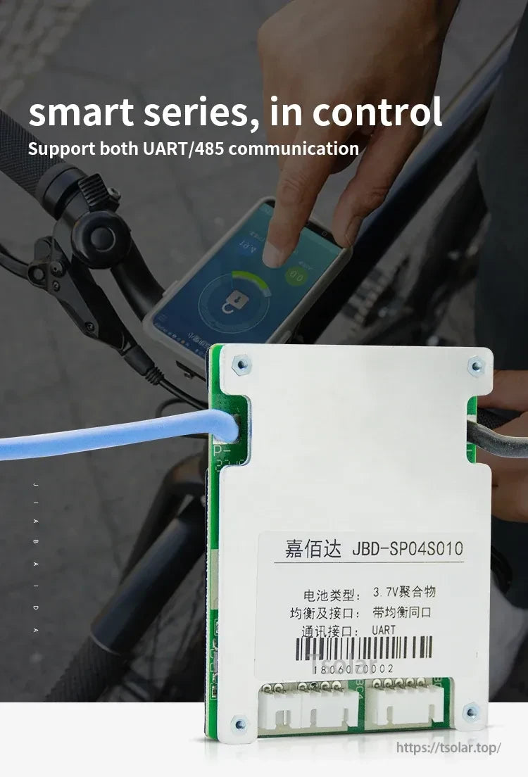 JBD SP04S010A Smart BMS label and wiring ports, highlighting UART/RS485 communication support