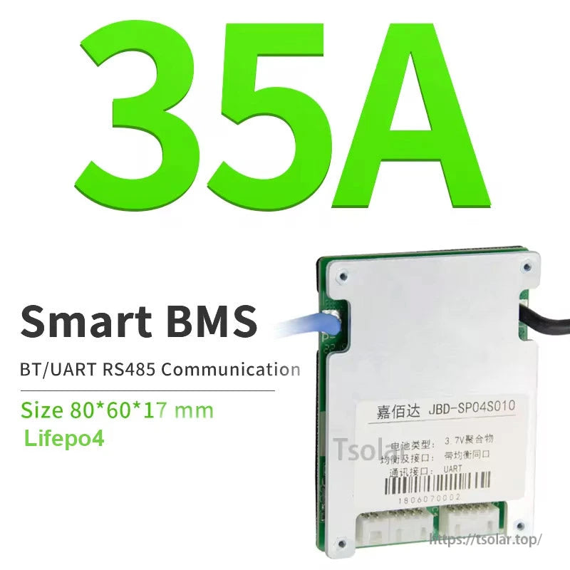 35A smart BMS product graphic with BT/UART RS485 communication and size 80×60×17 mm (LiFePO4)