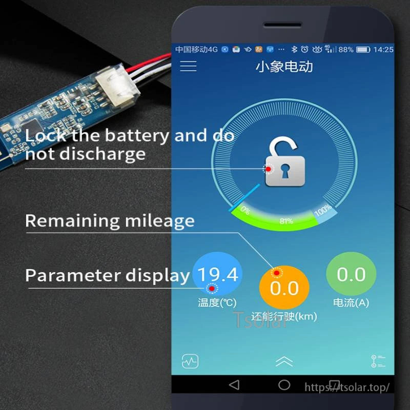 Bluetooth BMS app screen showing lock, remaining mileage and parameter display with small Bluetooth board