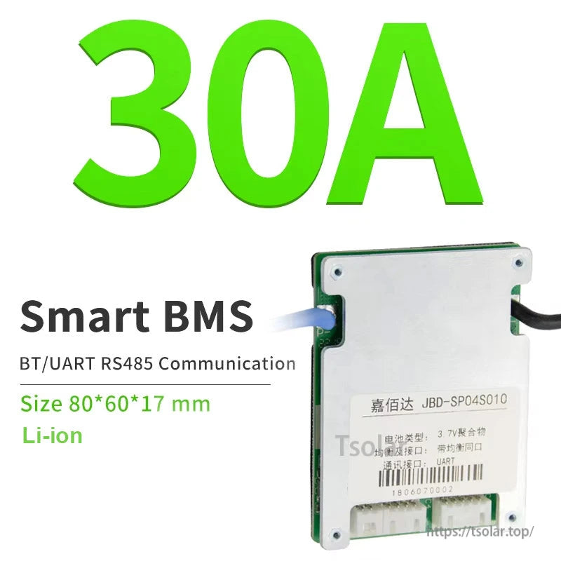 30A smart BMS product graphic with BT/UART RS485 communication and size 80×60×17 mm (Li-ion)