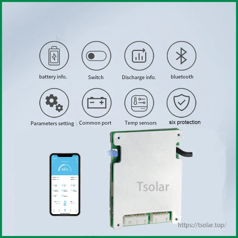 Smart BMS with phone app and feature icons: battery info, switch, discharge info, Bluetooth, protections