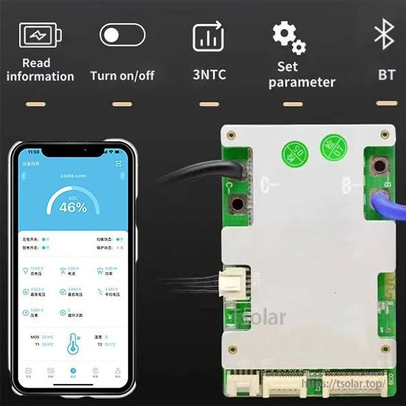 Smartphone app screen beside BMS showing Bluetooth monitoring and controls for read info, on/off, 3 NTC and parameter setup