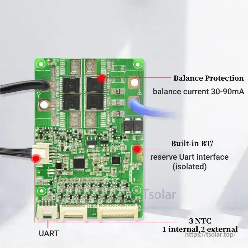 Back side of SP17S005 smart BMS PCB with UART connector, built-in Bluetooth, isolated UART reserve, and 3 NTC support