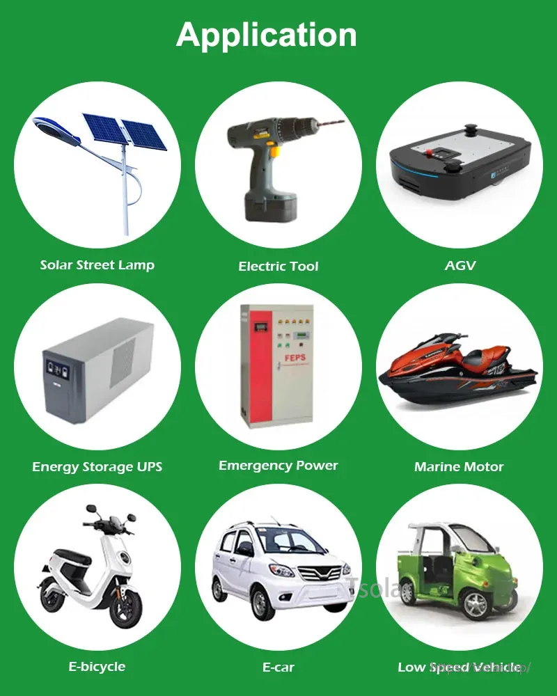 Application icons for smart BMS use cases: solar street lamp, electric tools, AGV, UPS storage, emergency power, marine and e-mobility