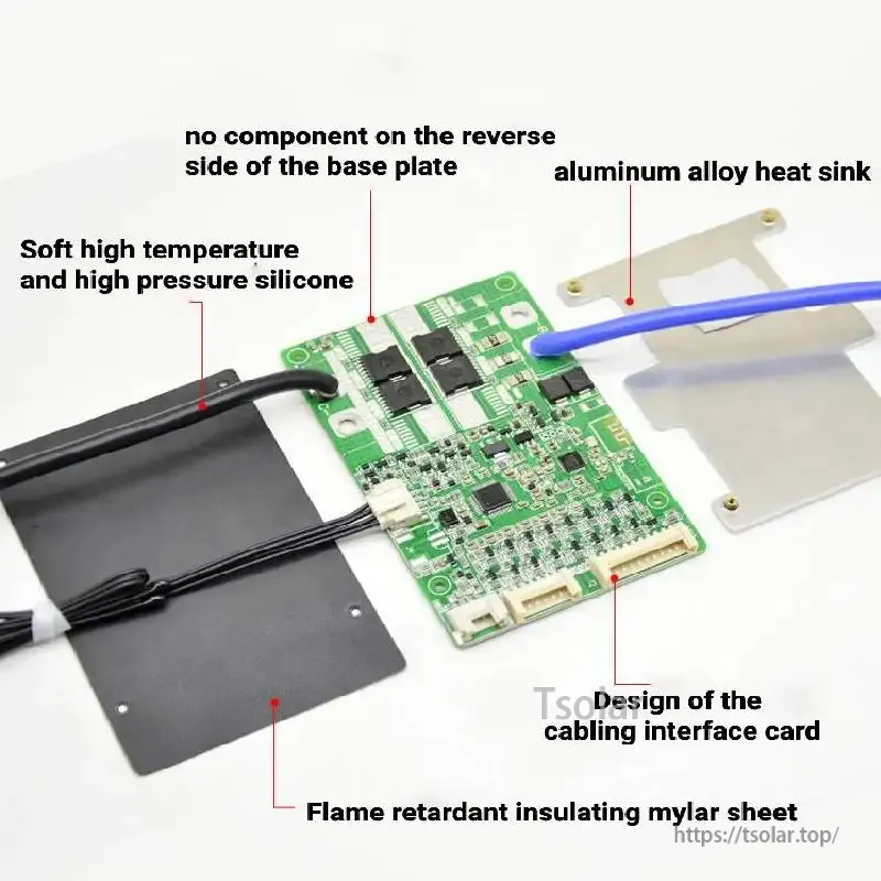 Exploded layout of BMS with aluminum alloy heat sink, insulating mylar sheet, silicone pad, and cabling interface card design