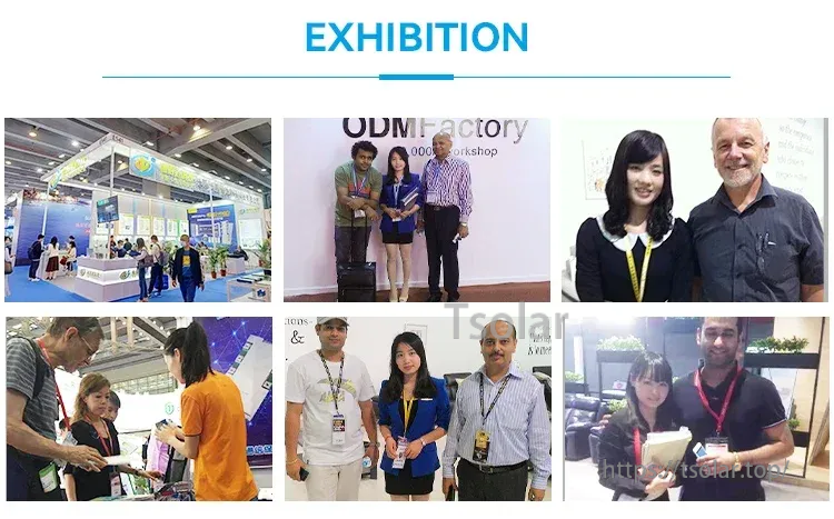 Trade show and customer meeting collage at an exhibition booth (faces blurred) for OEM/ODM factory presentation