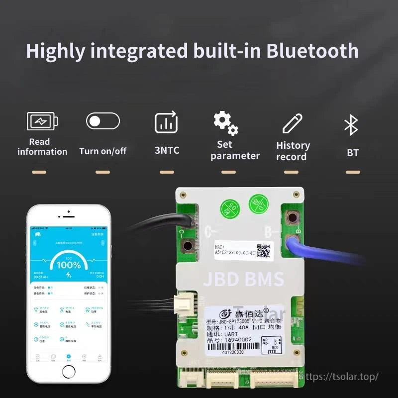 Built-in Bluetooth BMS features graphic with icons for read info, on/off, 3NTC, set parameters, and history