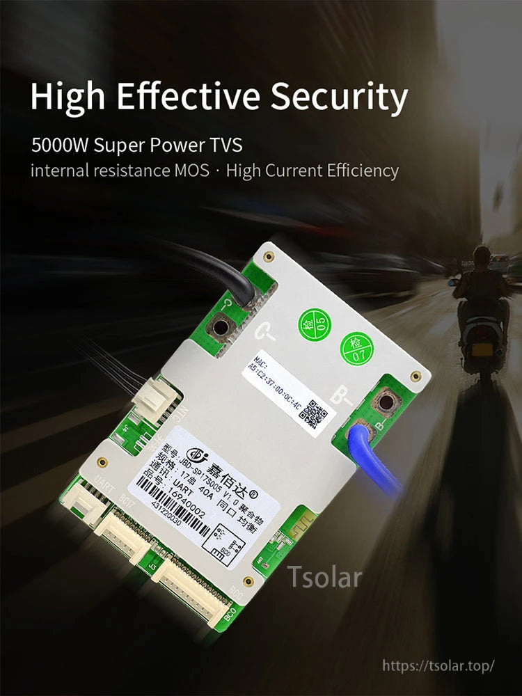 JBD SP17S005 smart BMS angled view with security/high power MOS efficiency promotional graphic background